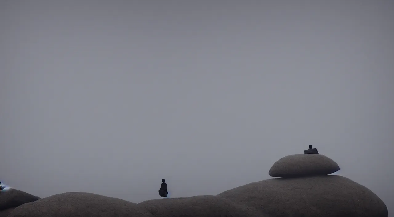 Image similar to matthew snowden painting style a lonely silhouette of a meditating monk sitting in the fog on a stone protruding from the water in the rays of the morning sun, the focus of the camera on the monk.