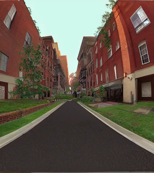 Prompt: First-Person VR POV screenshot. Walking through Savannah, Missouri. Trending on Artstation. Lighting, colors, and shading by James Gurney.