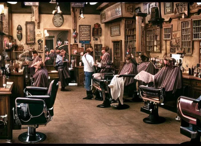 Image similar to a film still of a crowded barber shop in harry potter
