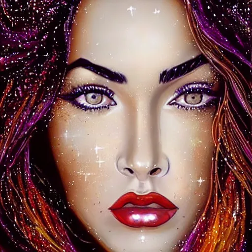 Image similar to “Megan Fox glitter paints paintings, glitter background, ultra detailed portrait, 4k resolution”