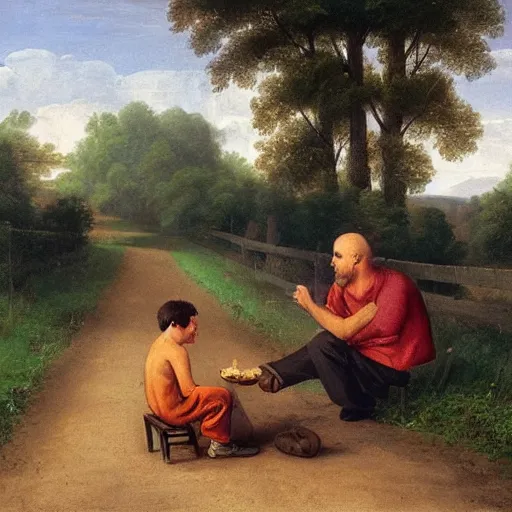 Image similar to painting of a man feeding a poor boy on a country road, surreal highly detailed