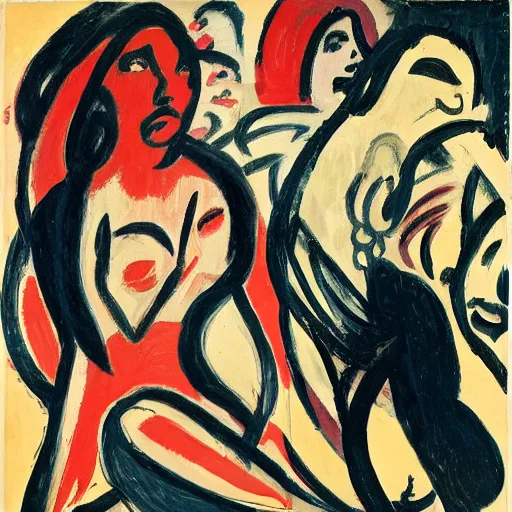 Image similar to Cecily Brown, Ernst Kirchner, portrait of a demon