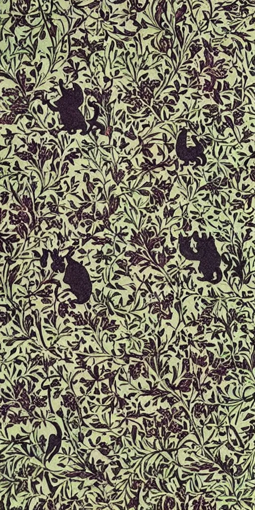 Prompt: a group of cats, happy, beautiful, style of william morris print