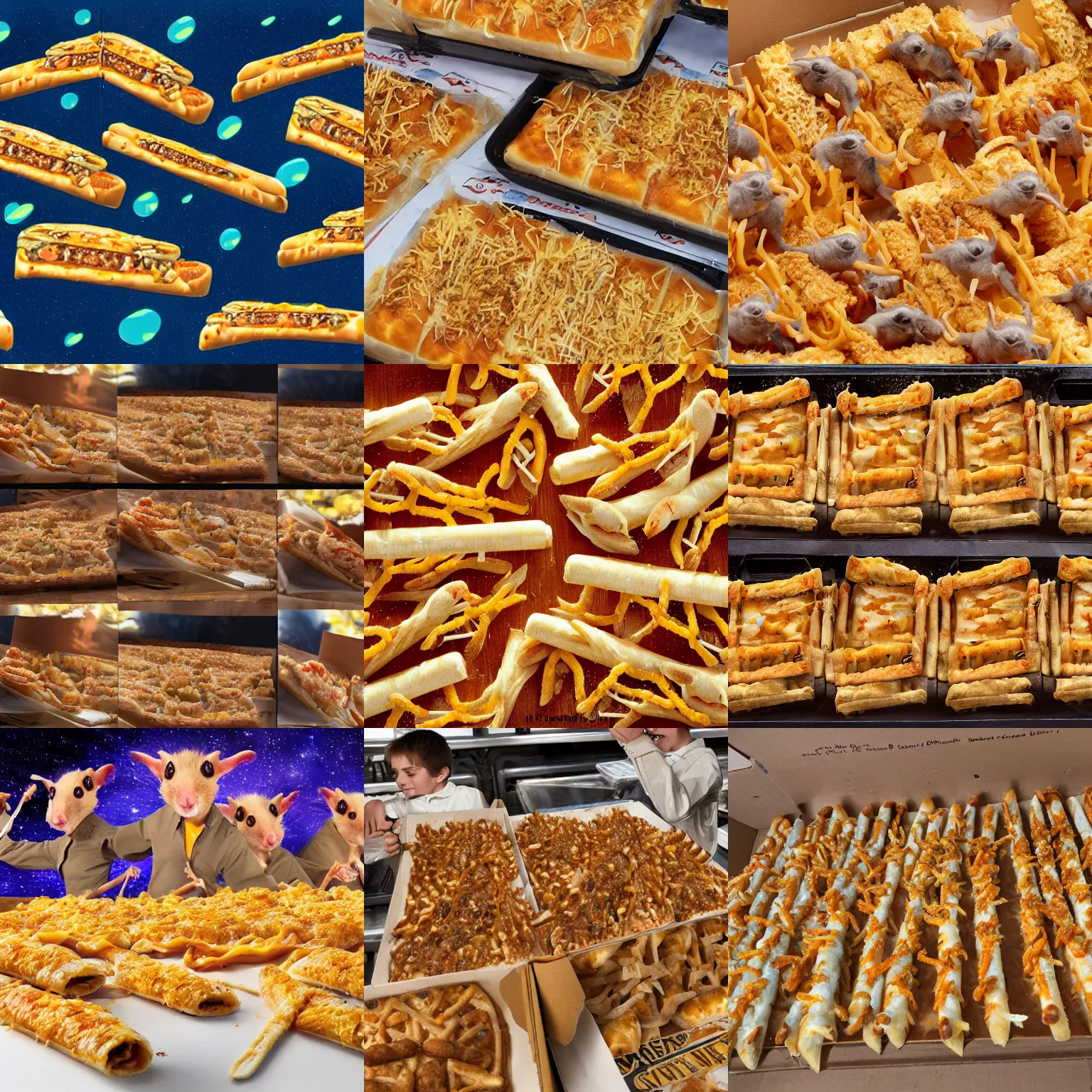 Prompt: a swarm of cheesy rats with cheesy bread stick tails in a multitude of boxes of cheesy bread stick rats being served by a rat waiter to a family at an intergalactic Pizza Hut on the outside of a space station