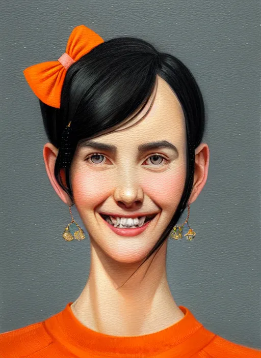 Image similar to portrait of high school girl, realistic, black hair, bangs, half updo hairstyle, pointy nose, skinny, smile, ugly, defined jawline, big chin, orange hair bow, earrings, intricate, elegant, glowing lights, highly detailed, digital painting, artstation, sharp focus, illustration, art by wlop, mars ravelo and greg rutkowski