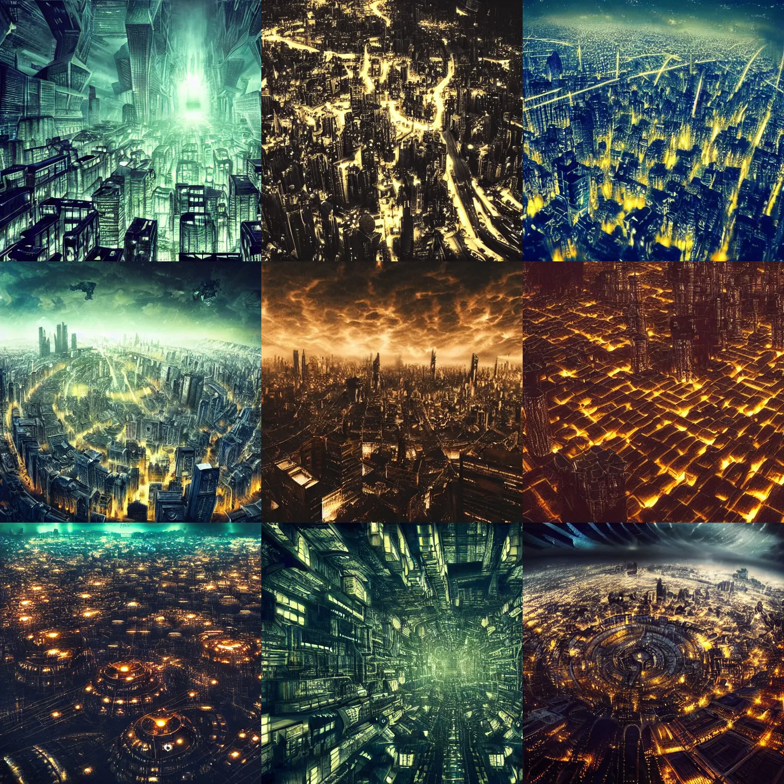 Prompt: megacity, hive city, futuristic dystopian endless, intricate, complex, labyrinthine, byzantine, tangled, night, gloomy, dark, dramatic, cinematic, volumetric lighting, gods eye view