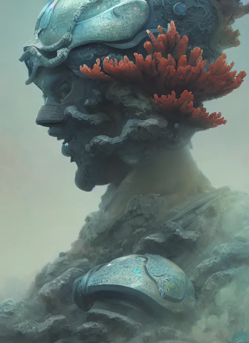 Image similar to Helmet of a forgotten Deity, translucent corals, extremly detailed digital painting, in the style of Fenghua Zhong and Ruan Jia and jeremy lipking and Peter Mohrbacher, mystical colors, rim light, beautiful lighting, 8k, stunning scene, raytracing, octane, trending on artstation