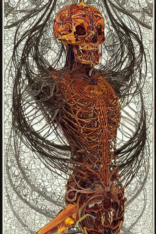 Image similar to intricate atomical skeleton of a crow, crow skull, background consists of interwoven varities of superhot chili peppers, bhut jolokia, carolina reaper, trinidad scorpion, voronoi, fibonacci sequence, leaves, by Moebius, Alphonse Mucha, peter mohrbacher, hiroshi yoshida, Art Nouveau, cgsociety, concept art, tweed colour scheme, psychedelic, complementary colour scheme, 3d