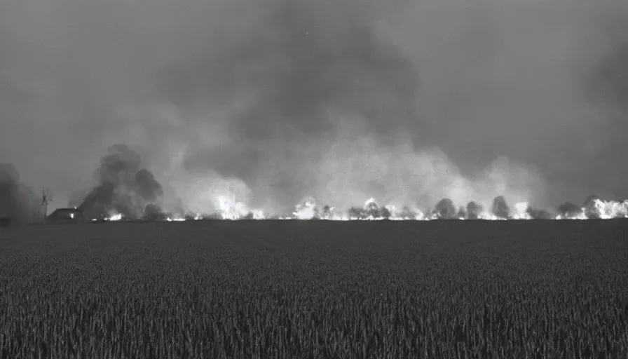 Prompt: 1 9 7 0 s movie still of a heavy burning french house in a wheat field, cinestill 8 0 0 t 3 5 mm, high quality, heavy grain, high detail, texture, dramatic light, ultra wide lens, panoramic anamorphic, hyperrealistic