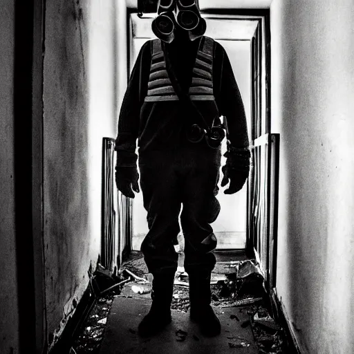 Image similar to A misterious man wearing a gas mask is standing on the midle of a stair hallway looking in the direction of the camera, the man is using a turned on flashlight to look for survivors :: Ruined city with vegetation and trees growing all over the place in the distroyed buildings :: apocalyptic, shadowy, disolate :: A long shot, low angle, dramatic backlighting, simetric photography, night time, slighty colorful :: cinematic shot, very detailed