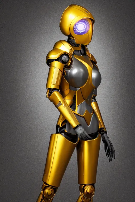 Image similar to maria of metropolis, humanoid robot, golden full body armor, beautiful helmet in the shape of a face, cyborg eyes glowing yellow, scifi, futuristic, raytracing, glowwave, sharp focus, cinematic lighting, artstation, divine, unreal engine 5 rendered, by fritz lang, art style by pixar warner bros dreamworks disney riot games and overwatch