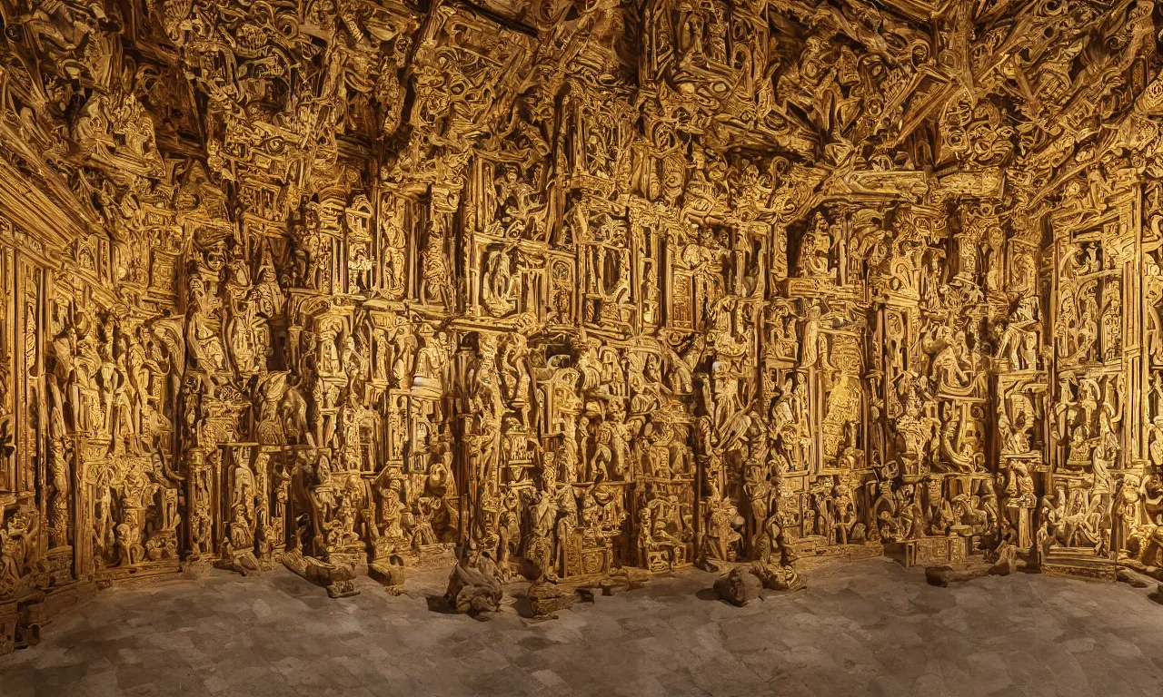 Image similar to giovanna pillaca inside el retablo digital architectural sculptural interior, contains iconographic and inca statues in gold, visually satisfying architecture render