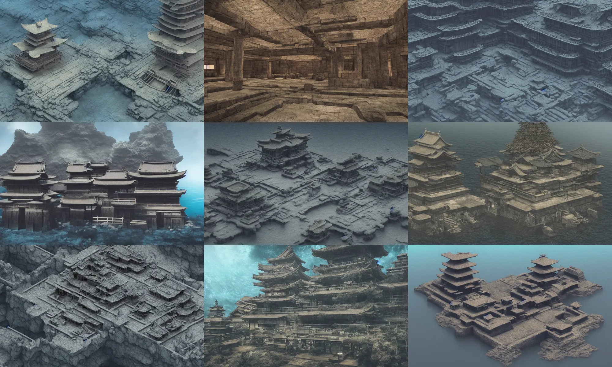 Prompt: An ancient Japanese architectural complex at the bottom of the sea, 8k, very high detailed, cinematic, octane render, intricate