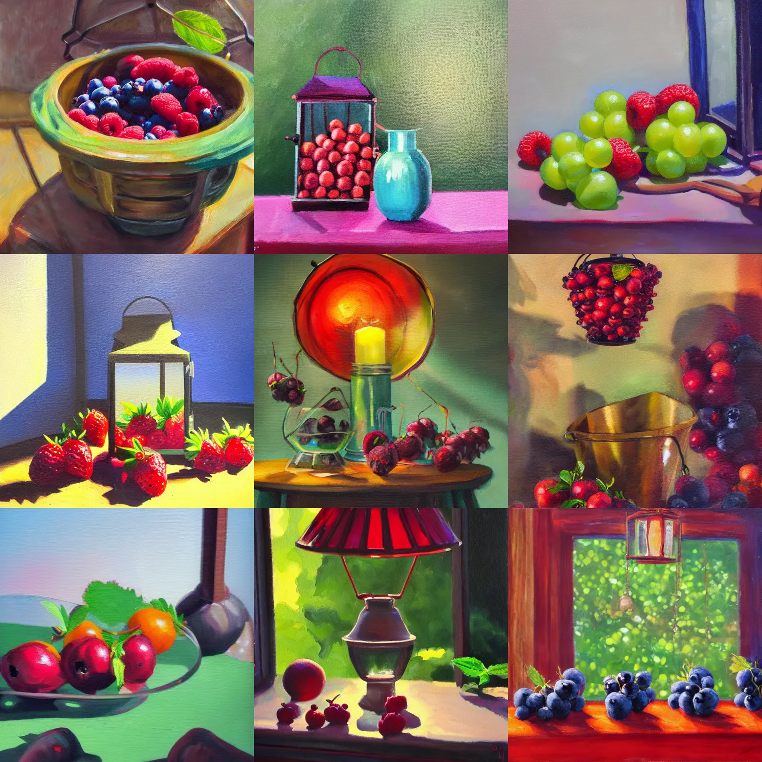 Prompt: berries communing around a lantern, oil painting, glassware, thick strokes, vibrant, colorful, bright, reflections, sunlit, sharp, subsurface scattering, sharp edges, hazy, field of view