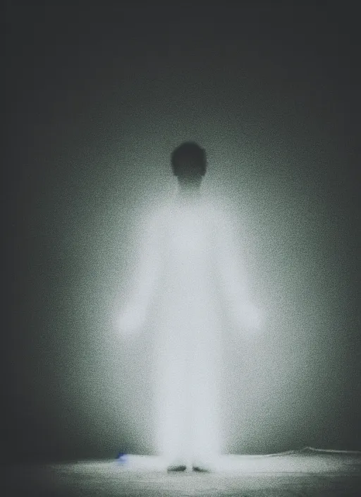 Image similar to human silhouette, large diffused glowing aura, long exposure, film grain, cinematic lighting, blurry