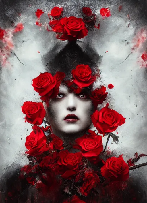 Image similar to red color details, portrait, A crow with red eyes in front of the full big moon, book cover, red roses, red white black colors, establishing shot, extremly high detail, foto realistic, cinematic lighting, by Yoshitaka Amano, Ruan Jia, Kentaro Miura, Artgerm, post processed, concept art, artstation, raphael lacoste, alex ross, portrait, A crow with red eyes in front of the full big moon, book cover, red roses, red white black colors, establishing shot, extremly high detail, foto realistic, cinematic lighting, by Yoshitaka Amano, Ruan Jia, Kentaro Miura, Artgerm, post processed, concept art, artstation, raphael lacoste, alex ross