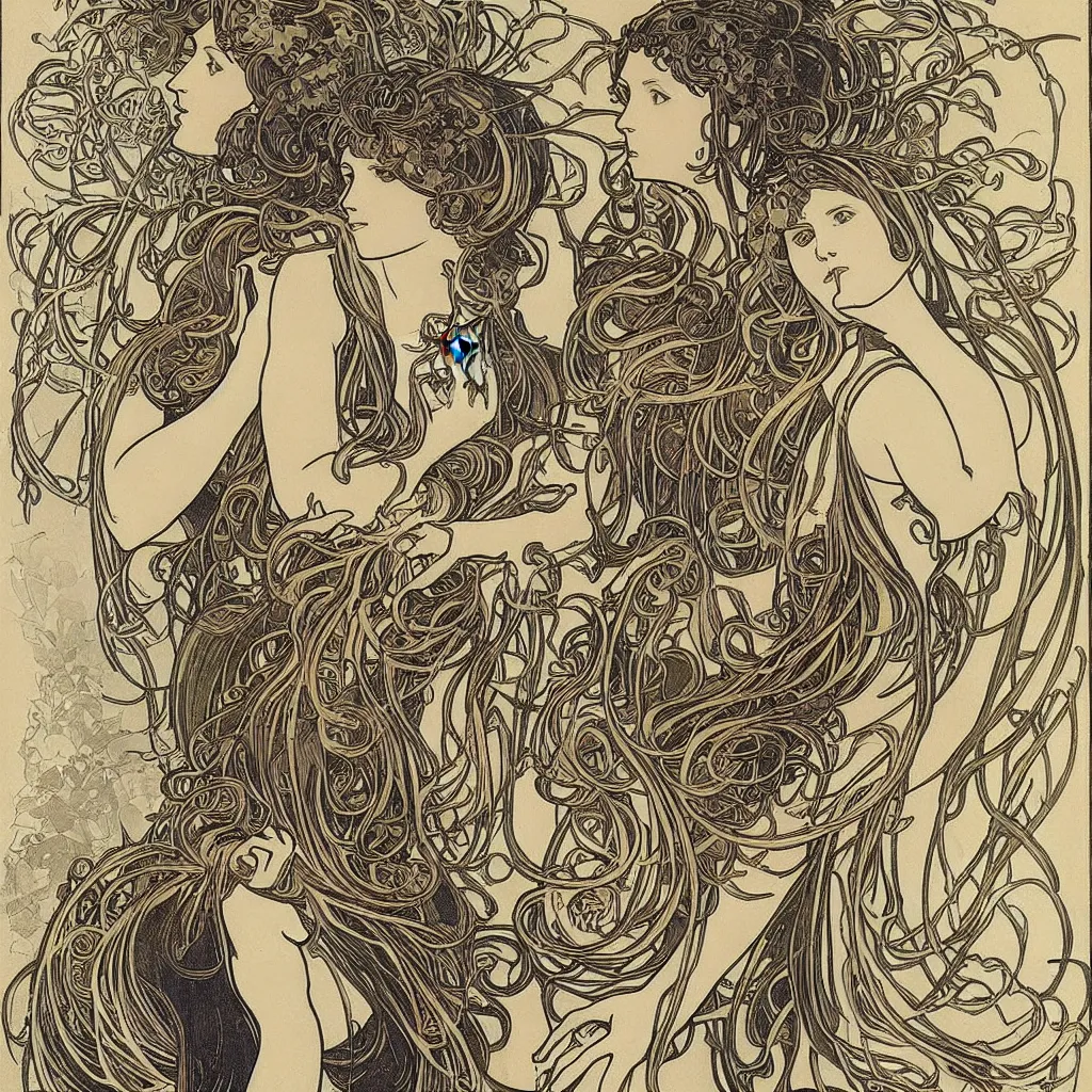 Image similar to organic psychedlic engraving by alphonse mucha and gustave klint