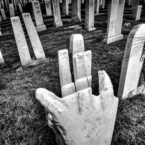 Prompt: hand rising from the ground in a cemetery, tombstones, moonlight, eerie, chiaroscurro