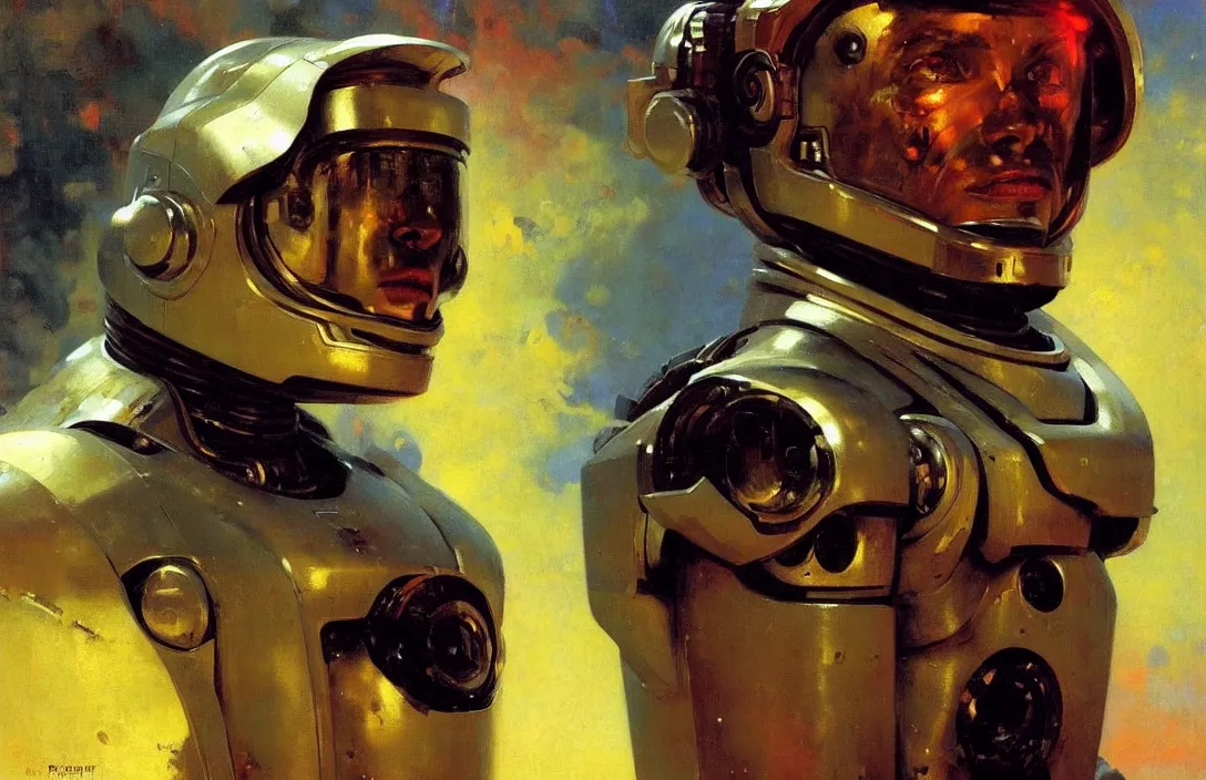 Image similar to portrait of futuristic space robot!!!!!!!!!!!!!!!!!!!!!!!!!!!, detailed face, detailed painting, epic lighting, by ilya repin, phil hale and kent williams