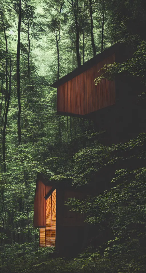 Image similar to an exquisitely designed wooden house in a lush forest, architectural photography, dark and dim lighting, beautiful, tranquil, moody, cinematic, fantasy, 3 5 mm lens, volumetric lighting, first person view, photographic render, hyper realistic