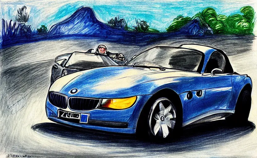 Image similar to “Caricature drawing of convertible Blue BMW Z3 and happy driver waving his hand.”