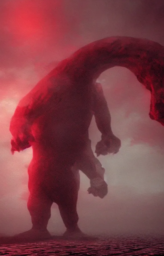 Prompt: very low - resolution found footage of a kaiju monster, fog, foggy, video compression, red hue, thriller, underdeveloped, flare, epic, dramatic