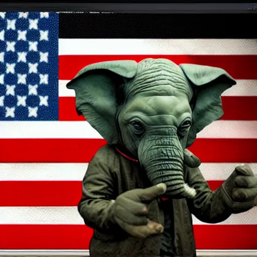 Image similar to elephant yoda as potus american flag, modern art placed in a large living room, art designers magazine hd photo superrealism 3 d 8 k resolution