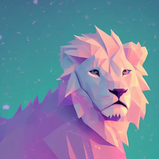 Image similar to aesthetic albino lion fursona portrait, commission of a anthropomorphic lion on fire, fursona wearing vaporwave stylish clothes, winter armosphere, pastel simple art, low poly