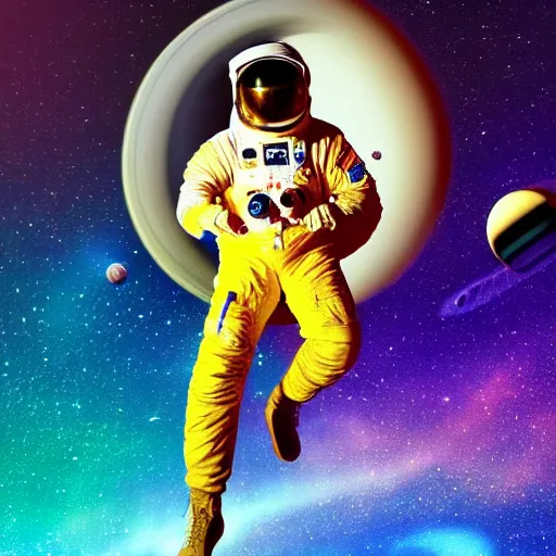 Prompt: painting Kid Cudi wearing an astronaut suit in space floating jumping over Saturn's rings, beautiful vibrant colors, purple and yellow hues, glowing stars, epic lighting, digital art, trending on artstation, cgsociety