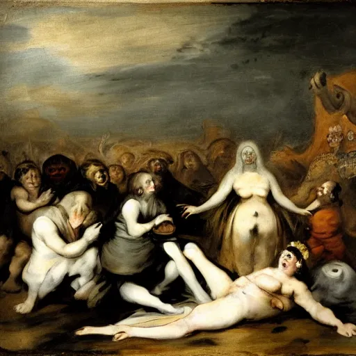 Prompt: A crowd of peasants and a pale woman sitting around a monster with horns, Francisco Goya style, full hd, dark