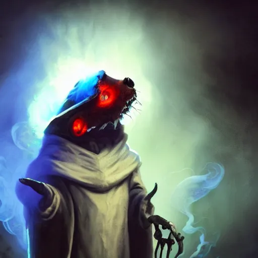 Prompt: an anthropomorphic rat with a rat skull head and glowing red eyes wearing dark robes and floating in blue smoke and holding a blue flame in each bony claw, dramatic lighting, darkness and bright blue smoke, foreboding, photorealistic, sharp focus, 8 k, artstation, artstation hq, greg rutkowski, gregory manchess