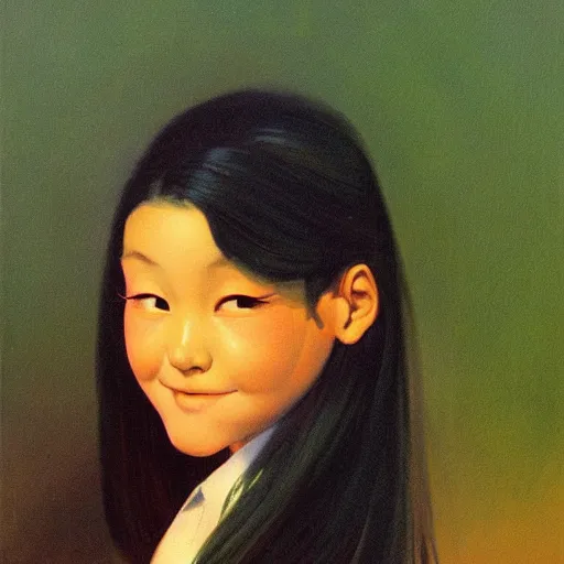 Prompt: clothed in school uniform. close - up face portrait painting of a japanese schoolgirl, by boris vallejo, frank frazetta.