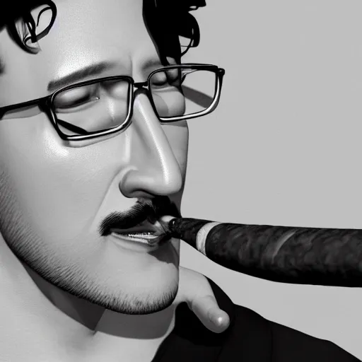 Image similar to a closeup photo of handsome gigachad markiplier smoking a cigar, 8k photorealism, extremly detailed, trending on artstation