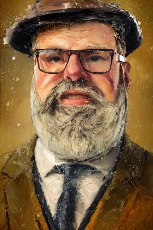 Image similar to palette knife oil painting of professor clay, middle - aged, thickset, barrel chest, voluminous, salt - and - pepper beard. eyes smolder like embers. dress shirt and suspenders, sleeves rolled, tie loosened. extreme detail. artstation trending, artgerm, deviant art, octane, substance, art history 8 k