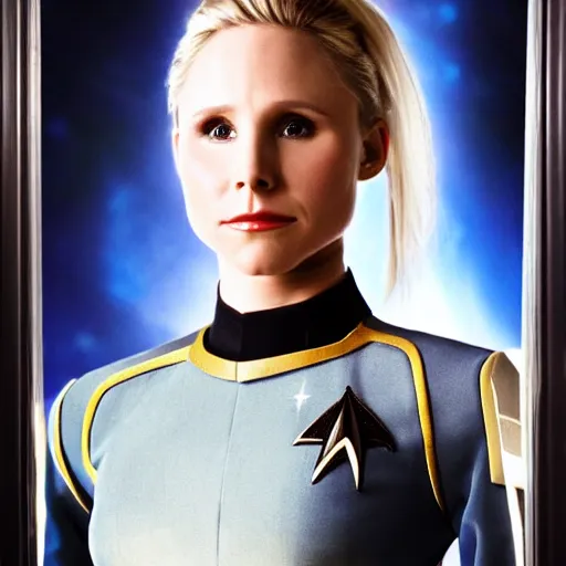 Image similar to a beautiful full body photograph of kristen bell as a star fleet officer from star trek next generation, extreme realism and detail, 8 k, completely framed, direct lighting, 3 5 mm photo, photorealistic, sharp focus