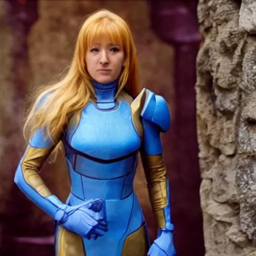 Image similar to A still of Samus Aran from Metroid in Game of Thrones (2011), wearing a light-blue dress, photorealistic