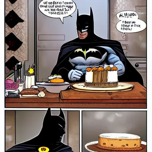 Image similar to batman baking a cake in a cozy french kitchen, comic book style