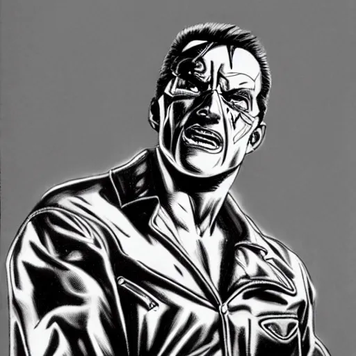 Prompt: Gene Kelly as the terminator, by Steve Dillon, hyperrealism