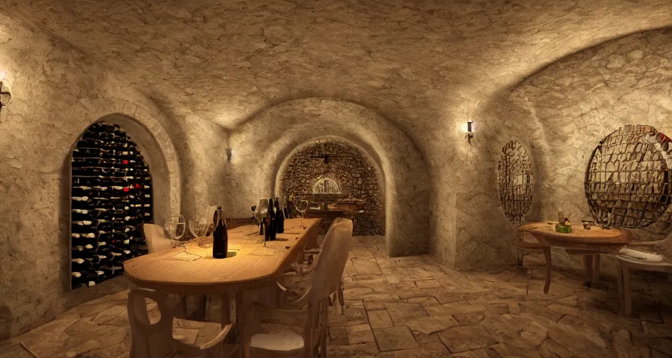 Image similar to A beautiful hyper realistic ultra detailed lifelike matte painting of traditional austrian wine cellar, unreal engine, deviantart, flickr, artstation, octane render, textured, colorful, extreme realistic detail, physically based rendering, pbr render, very detailed, volumetric lighting, detailed lighting, octane render, 4k, cinematic lighting, 8k resolution