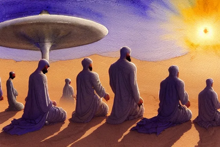 Prompt: a hyperrealist watercolour character concept art portrait of a group of middle eastern men kneeling down in prayer in front of a giant angel on a misty night in the desert. a ufo is in the background. by rebecca guay, michael kaluta, charles vess and jean moebius giraud