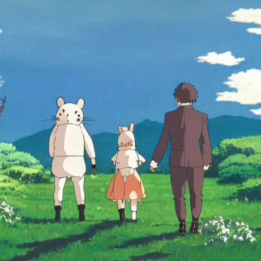 Prompt: STUDIO GHIBLI | an animal wedding at the farm, happy antropomorphic animals wearing wedding suits and robes, extended family, outside, mountain background, by Studio Ghibli, still picture, perfect movie shot, animation masterpiece, composition, framing, happy, hopeful, nostalgic