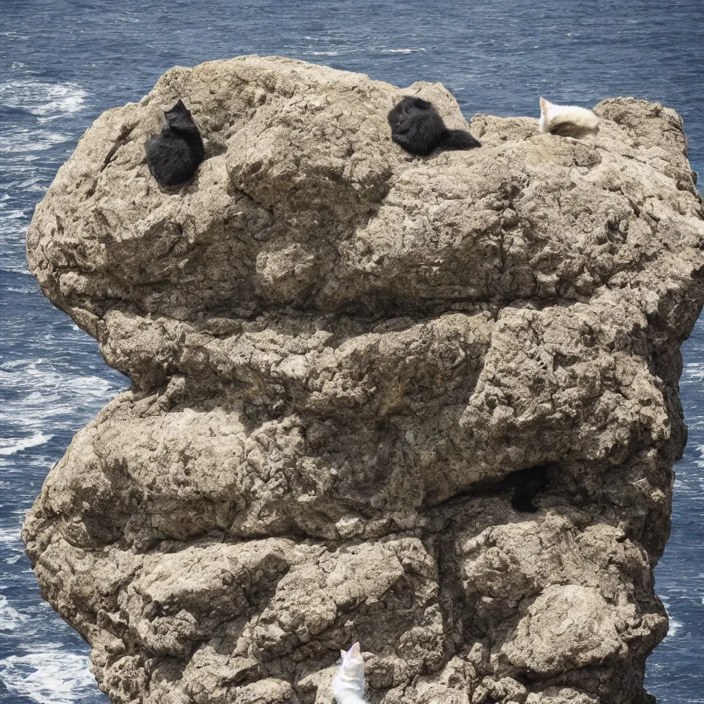 Prompt: a giant rock shaped like a cat in the sea, professional detailed photo