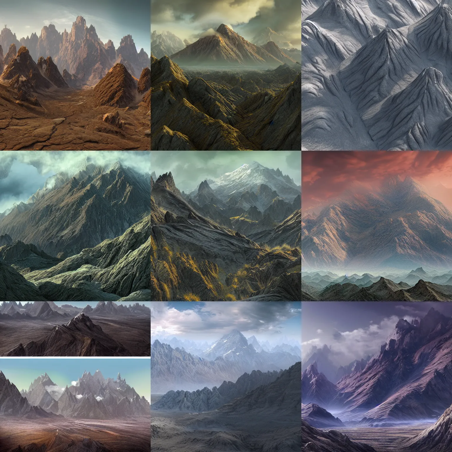 Prompt: a view of a very large mountain range, a detailed matte painting by Stanley Twardowicz, polycount, generative art, terragen, apocalypse landscape, matte painting