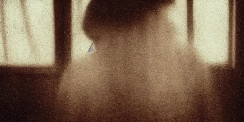 Image similar to portrait bust of old woman, tired expression, faded color film, russian cinema, tarkovsky, kodachrome, inside old cabin, next to window, heavy forest outside, long brown hair, old clothing, heavy fog, brown color palette, hudson river school, 4 k, dramatic lighting, greg rutkowski