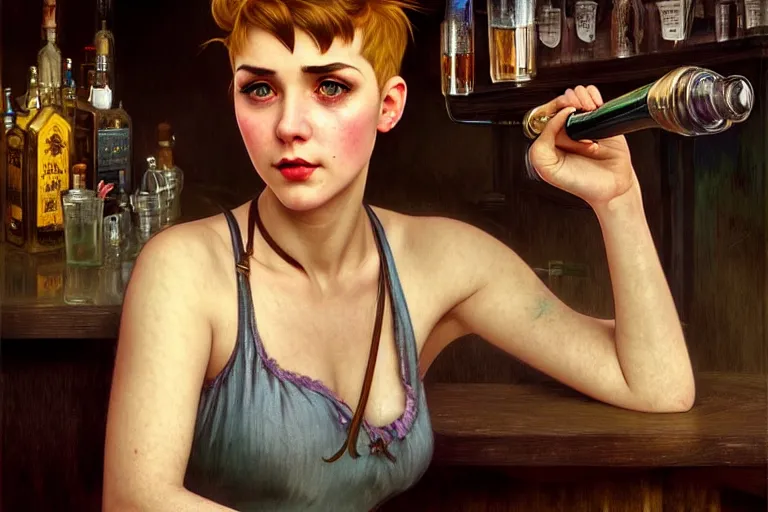 Prompt: character portrait of young woman as a beautiful barmaid, pixie cut with shaved side hair, dimly lit cozy tavern, dystopian 1920s soviet mood, intricate, wild, highly detailed, digital painting, artstation, concept art, smooth, sharp focus, illustration, art by artgerm and greg rutkowski and alphonse mucha, vibrant deep colors, 🍸, 8k octane beautifully detailed render, post-processing, extremely hyperdetailed