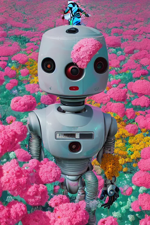 Prompt: a closeup digital painting of a robot surrounded by flowers by Mike Winkelmann, cgsociety, environmental art, made of flowers, anaglyph filter, digital painting