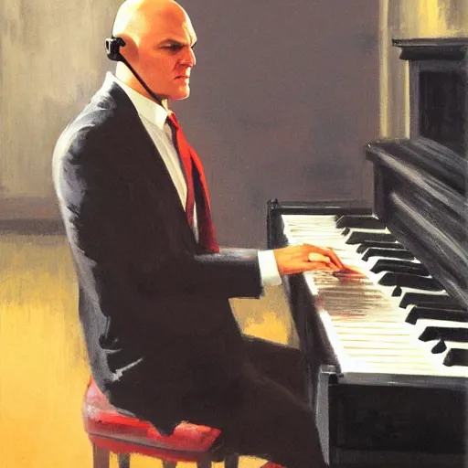 Prompt: agent 4 7 from hitman wearing headphones while playing a piano, by gregory manchess, james gurney, james jean