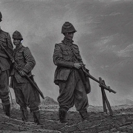 Image similar to ultra detailed photorealistic sepia - toned painting from 1 9 1 7, three british soldiers standing at an archaeological dig site in wadi rum, ultra realistic, painted, intricate details, lovecraft, atmospheric, dark, horror, brooding, highly detailed, by angus mcbride