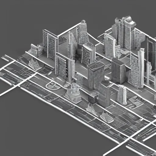 Prompt: an isometric overview Blender 3D model of a metropolis with a river in the middle, 3D grey buildings, octane render