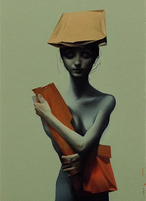 Image similar to isometric woman in paper bag over the head and a sward Edward Hopper and James Gilleard, Zdzislaw Beksinski, highly detailed